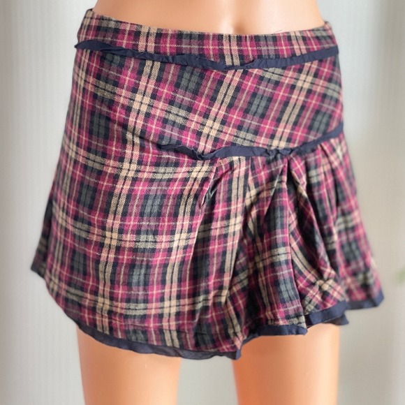 Free People Purple Burgundy Plaid Tartan Pleated Mini Skirt Fairy Grunge Sz 0 - Picture 1 of 6